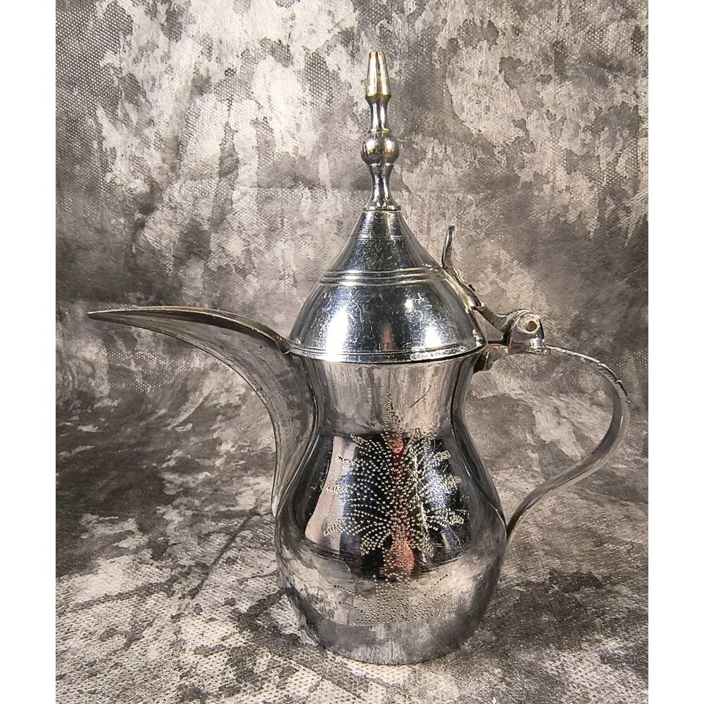 Vintage Silver Moroccan Teapot With Engraved Design & Hinged Lid